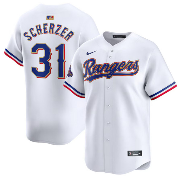 Men's Texas Rangers #31 Max Scherzer White 2024 Gold Collection Cool Base Stitched Baseball Jersey